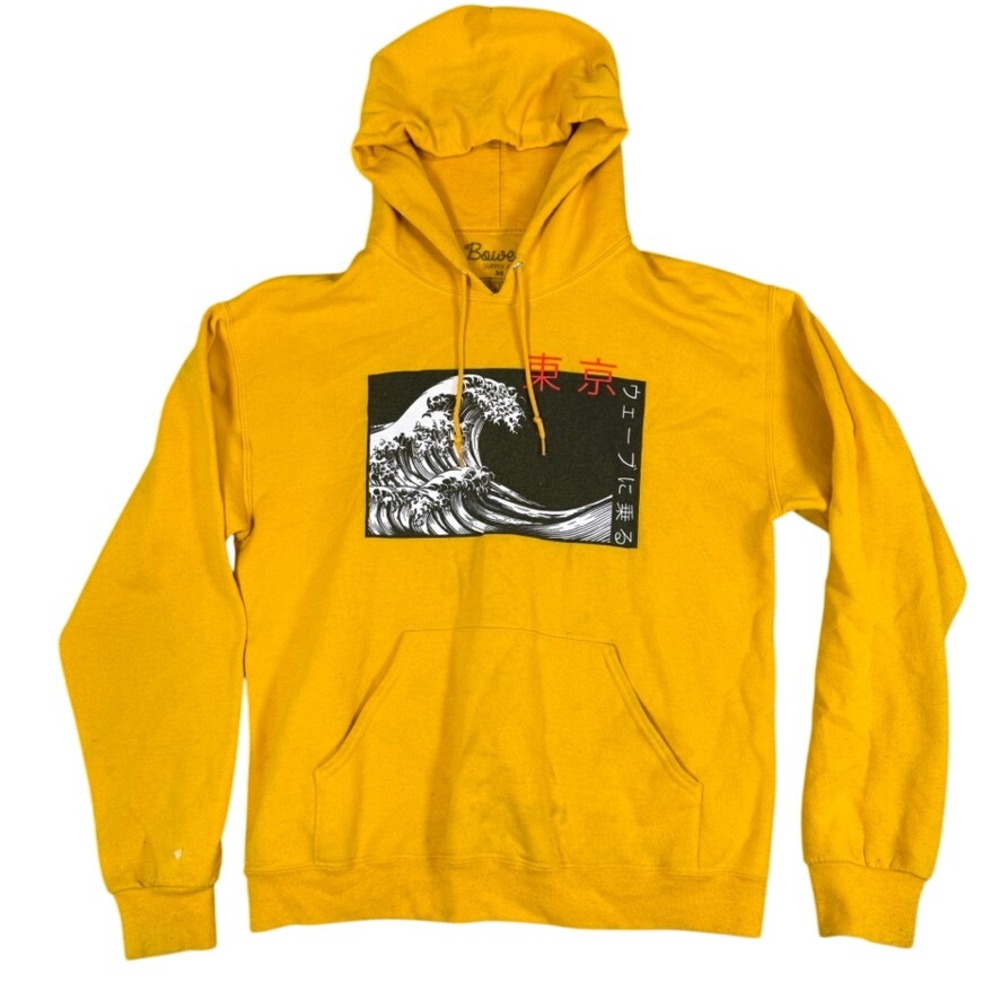 Bowery Supply Co Yellow Great Wave Graphic Hoodie Japanese Text Mens Size M